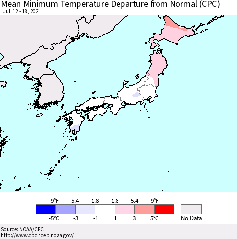 Japan Mean Minimum Temperature Departure from Normal (CPC) Thematic Map For 7/12/2021 - 7/18/2021