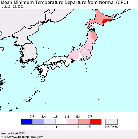Japan Mean Minimum Temperature Departure from Normal (CPC) Thematic Map For 7/19/2021 - 7/25/2021