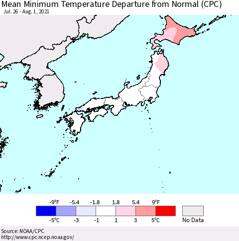 Japan Mean Minimum Temperature Departure from Normal (CPC) Thematic Map For 7/26/2021 - 8/1/2021