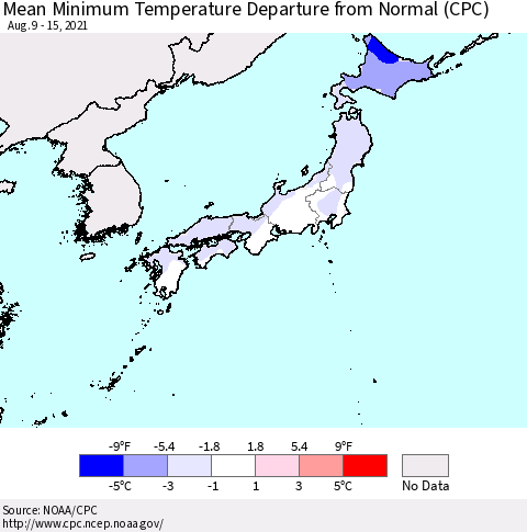 Japan Mean Minimum Temperature Departure from Normal (CPC) Thematic Map For 8/9/2021 - 8/15/2021