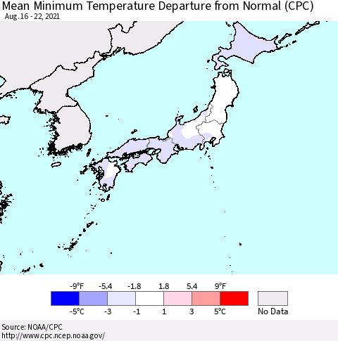 Japan Mean Minimum Temperature Departure from Normal (CPC) Thematic Map For 8/16/2021 - 8/22/2021