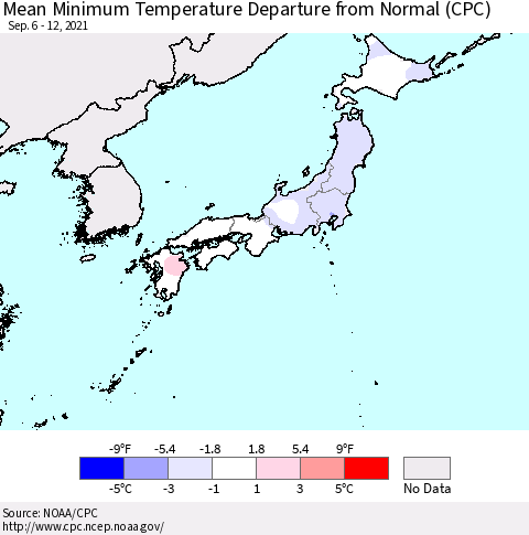 Japan Mean Minimum Temperature Departure from Normal (CPC) Thematic Map For 9/6/2021 - 9/12/2021