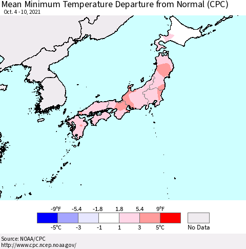 Japan Mean Minimum Temperature Departure from Normal (CPC) Thematic Map For 10/4/2021 - 10/10/2021