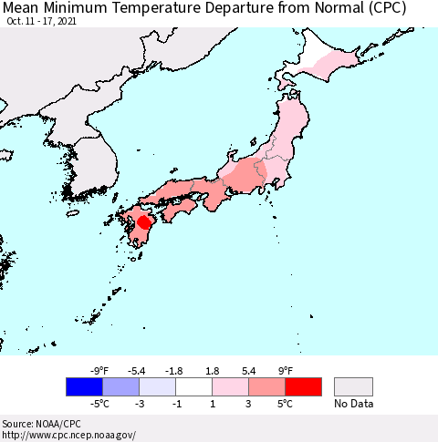 Japan Mean Minimum Temperature Departure from Normal (CPC) Thematic Map For 10/11/2021 - 10/17/2021