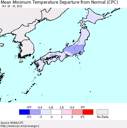 Japan Mean Minimum Temperature Departure from Normal (CPC) Thematic Map For 10/18/2021 - 10/24/2021