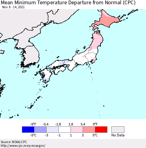 Japan Mean Minimum Temperature Departure from Normal (CPC) Thematic Map For 11/8/2021 - 11/14/2021