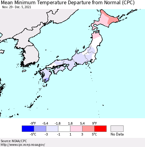 Japan Mean Minimum Temperature Departure from Normal (CPC) Thematic Map For 11/29/2021 - 12/5/2021