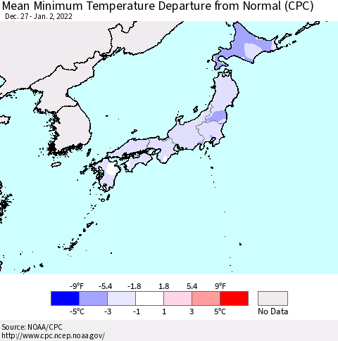 Japan Mean Minimum Temperature Departure from Normal (CPC) Thematic Map For 12/27/2021 - 1/2/2022