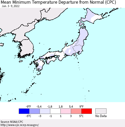 Japan Mean Minimum Temperature Departure from Normal (CPC) Thematic Map For 1/3/2022 - 1/9/2022