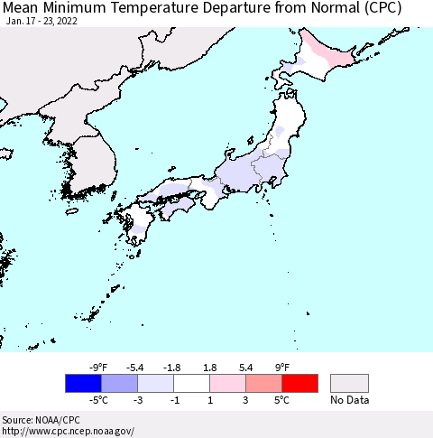 Japan Mean Minimum Temperature Departure from Normal (CPC) Thematic Map For 1/17/2022 - 1/23/2022