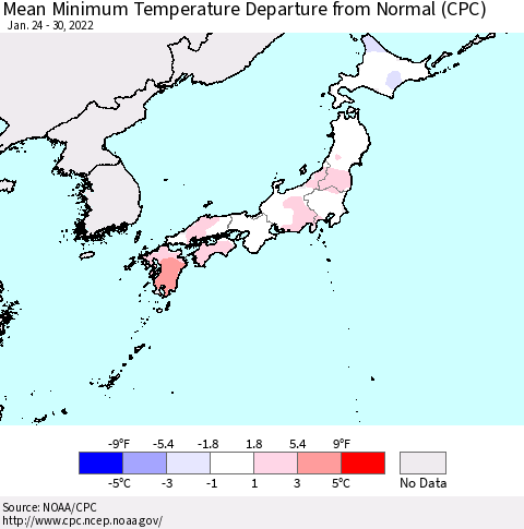 Japan Mean Minimum Temperature Departure from Normal (CPC) Thematic Map For 1/24/2022 - 1/30/2022
