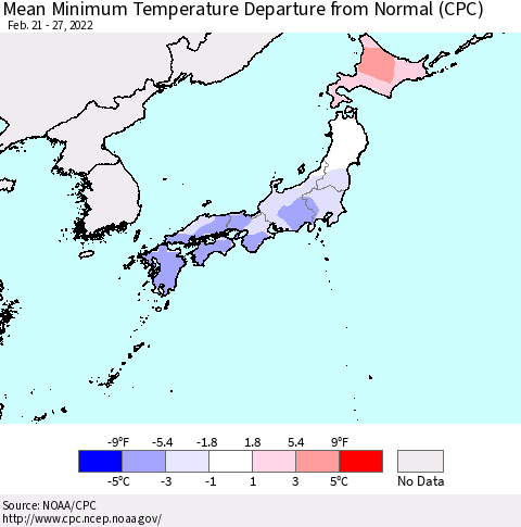 Japan Mean Minimum Temperature Departure from Normal (CPC) Thematic Map For 2/21/2022 - 2/27/2022