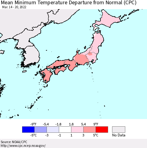 Japan Mean Minimum Temperature Departure from Normal (CPC) Thematic Map For 3/14/2022 - 3/20/2022