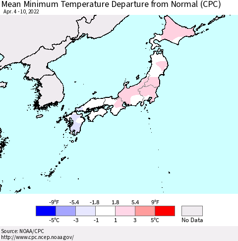Japan Mean Minimum Temperature Departure from Normal (CPC) Thematic Map For 4/4/2022 - 4/10/2022
