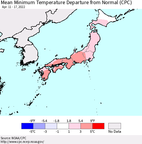 Japan Mean Minimum Temperature Departure from Normal (CPC) Thematic Map For 4/11/2022 - 4/17/2022