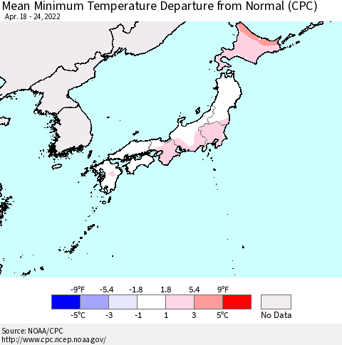 Japan Mean Minimum Temperature Departure from Normal (CPC) Thematic Map For 4/18/2022 - 4/24/2022