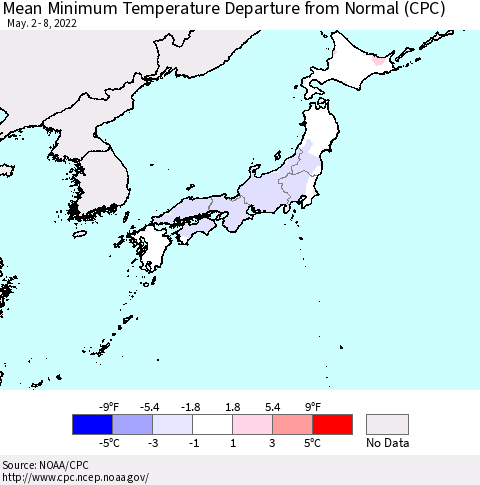 Japan Mean Minimum Temperature Departure from Normal (CPC) Thematic Map For 5/2/2022 - 5/8/2022
