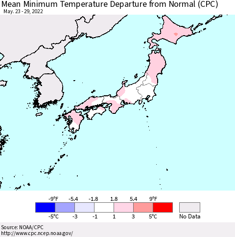 Japan Mean Minimum Temperature Departure from Normal (CPC) Thematic Map For 5/23/2022 - 5/29/2022
