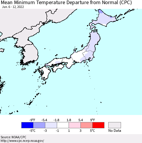 Japan Mean Minimum Temperature Departure from Normal (CPC) Thematic Map For 6/6/2022 - 6/12/2022
