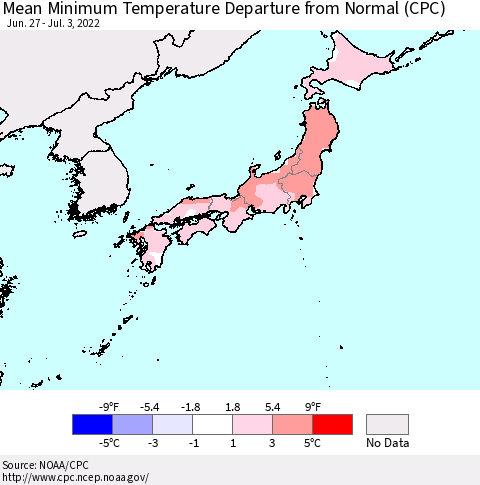 Japan Mean Minimum Temperature Departure from Normal (CPC) Thematic Map For 6/27/2022 - 7/3/2022