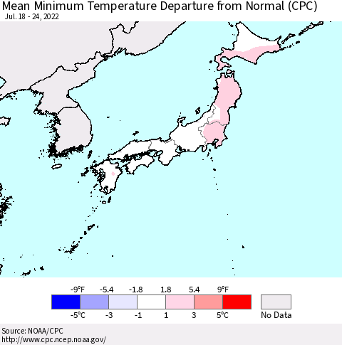 Japan Mean Minimum Temperature Departure from Normal (CPC) Thematic Map For 7/18/2022 - 7/24/2022