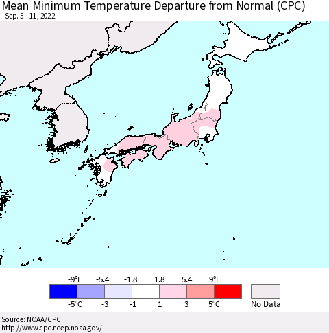 Japan Mean Minimum Temperature Departure from Normal (CPC) Thematic Map For 9/5/2022 - 9/11/2022