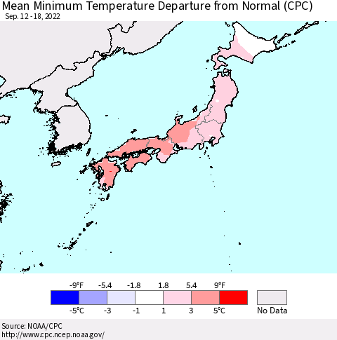Japan Mean Minimum Temperature Departure from Normal (CPC) Thematic Map For 9/12/2022 - 9/18/2022
