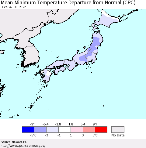 Japan Mean Minimum Temperature Departure from Normal (CPC) Thematic Map For 10/24/2022 - 10/30/2022