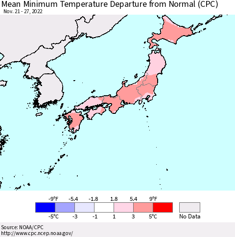 Japan Mean Minimum Temperature Departure from Normal (CPC) Thematic Map For 11/21/2022 - 11/27/2022