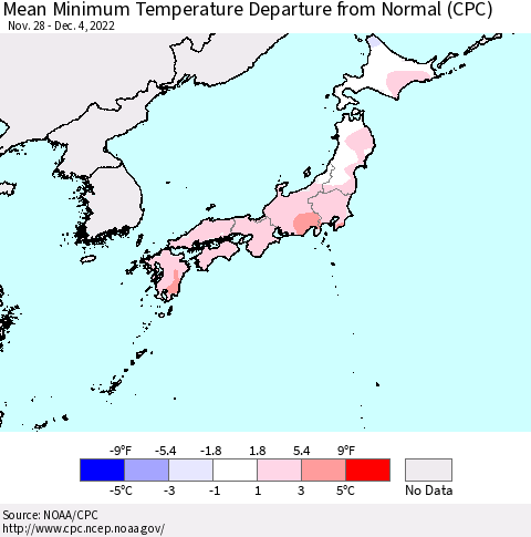Japan Mean Minimum Temperature Departure from Normal (CPC) Thematic Map For 11/28/2022 - 12/4/2022