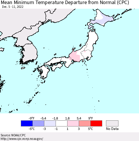 Japan Mean Minimum Temperature Departure from Normal (CPC) Thematic Map For 12/5/2022 - 12/11/2022