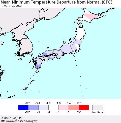 Japan Mean Minimum Temperature Departure from Normal (CPC) Thematic Map For 12/19/2022 - 12/25/2022