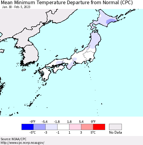 Japan Mean Minimum Temperature Departure from Normal (CPC) Thematic Map For 1/30/2023 - 2/5/2023
