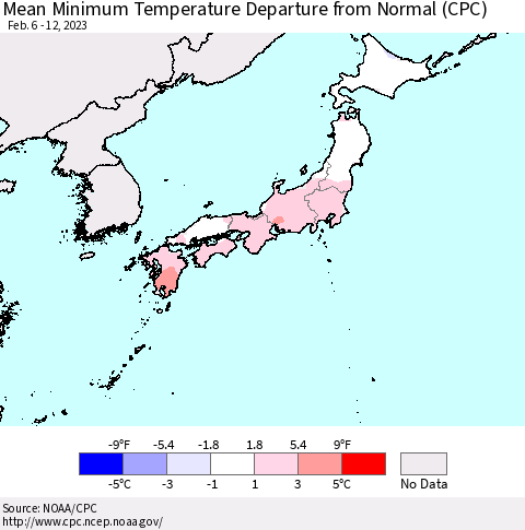 Japan Mean Minimum Temperature Departure from Normal (CPC) Thematic Map For 2/6/2023 - 2/12/2023