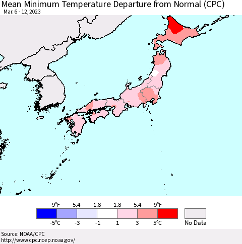 Japan Mean Minimum Temperature Departure from Normal (CPC) Thematic Map For 3/6/2023 - 3/12/2023