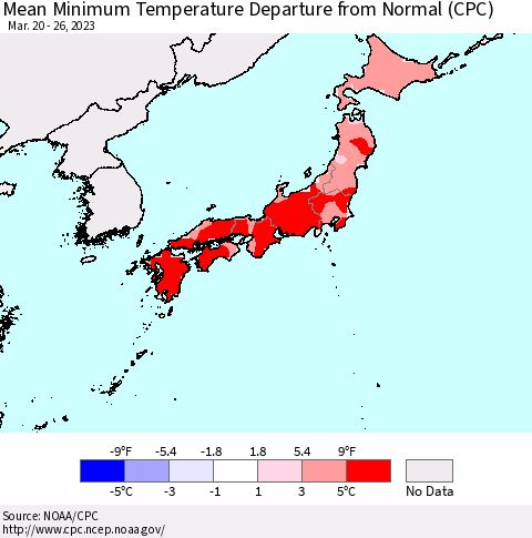Japan Mean Minimum Temperature Departure from Normal (CPC) Thematic Map For 3/20/2023 - 3/26/2023