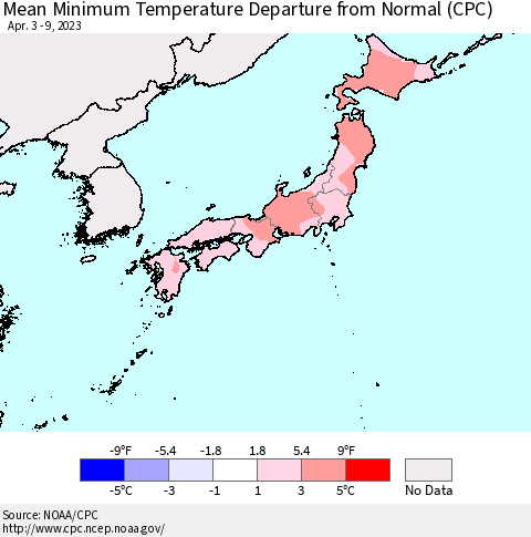 Japan Mean Minimum Temperature Departure from Normal (CPC) Thematic Map For 4/3/2023 - 4/9/2023