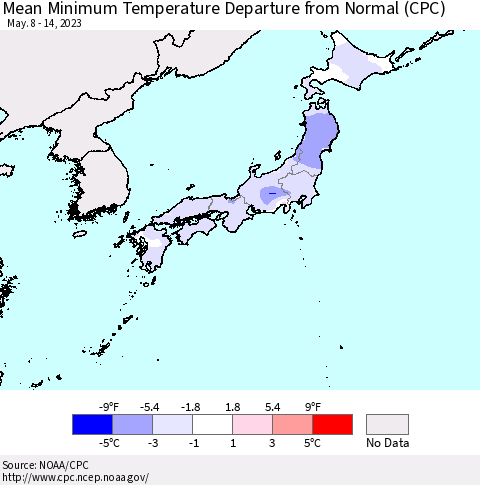 Japan Mean Minimum Temperature Departure from Normal (CPC) Thematic Map For 5/8/2023 - 5/14/2023