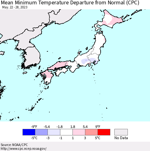 Japan Mean Minimum Temperature Departure from Normal (CPC) Thematic Map For 5/22/2023 - 5/28/2023