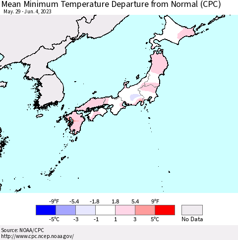 Japan Mean Minimum Temperature Departure from Normal (CPC) Thematic Map For 5/29/2023 - 6/4/2023