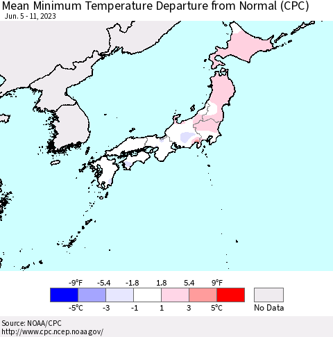 Japan Mean Minimum Temperature Departure from Normal (CPC) Thematic Map For 6/5/2023 - 6/11/2023