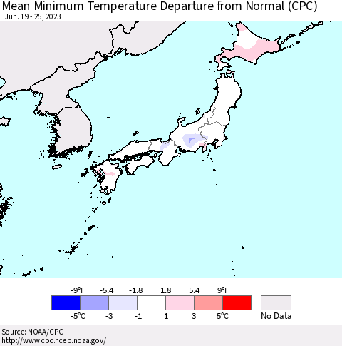 Japan Mean Minimum Temperature Departure from Normal (CPC) Thematic Map For 6/19/2023 - 6/25/2023