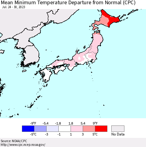Japan Mean Minimum Temperature Departure from Normal (CPC) Thematic Map For 7/24/2023 - 7/30/2023
