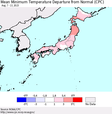 Japan Mean Minimum Temperature Departure from Normal (CPC) Thematic Map For 8/7/2023 - 8/13/2023