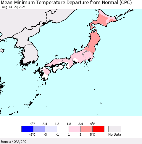 Japan Mean Minimum Temperature Departure from Normal (CPC) Thematic Map For 8/14/2023 - 8/20/2023