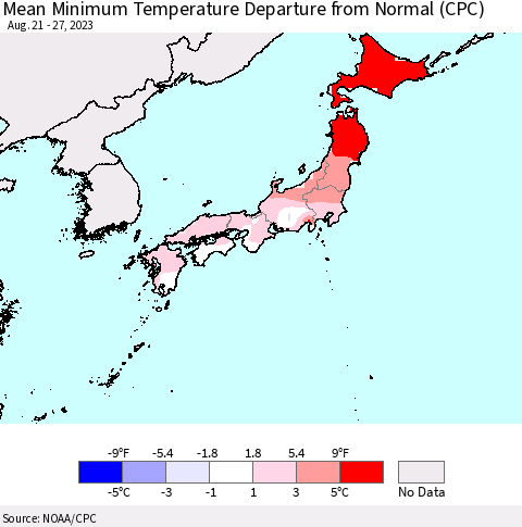 Japan Mean Minimum Temperature Departure from Normal (CPC) Thematic Map For 8/21/2023 - 8/27/2023