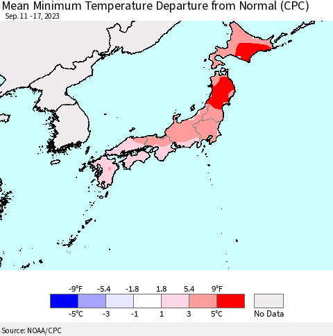 Japan Mean Minimum Temperature Departure from Normal (CPC) Thematic Map For 9/11/2023 - 9/17/2023