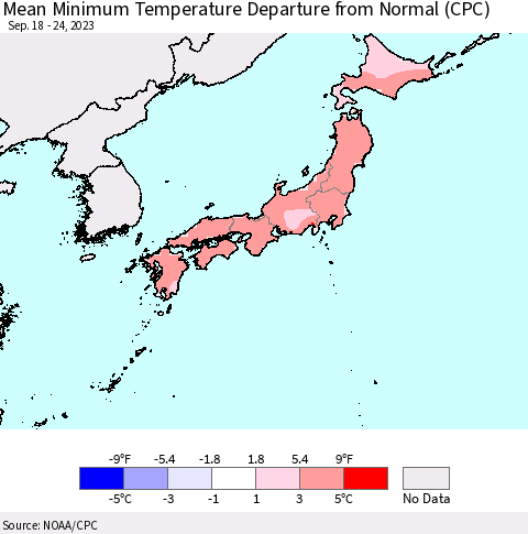 Japan Mean Minimum Temperature Departure from Normal (CPC) Thematic Map For 9/18/2023 - 9/24/2023