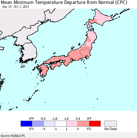 Japan Mean Minimum Temperature Departure from Normal (CPC) Thematic Map For 9/25/2023 - 10/1/2023