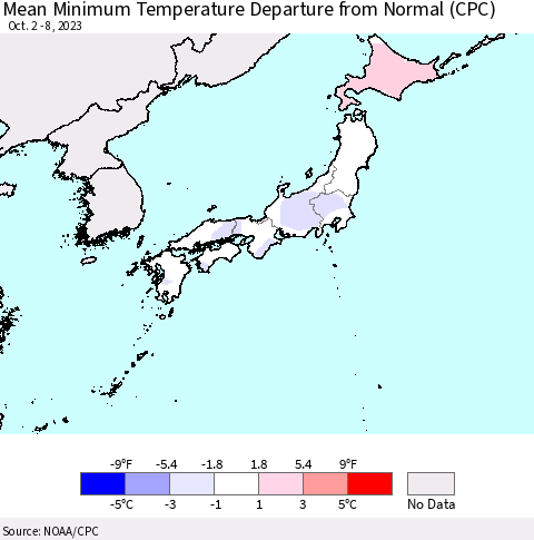 Japan Mean Minimum Temperature Departure from Normal (CPC) Thematic Map For 10/2/2023 - 10/8/2023